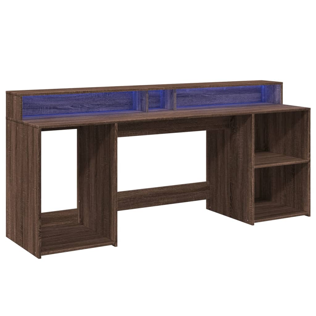 vidaXL Birou cu lumini LED, stejar maro, 200x55x91 cm, lemn prelucrat vidaXL Birou cu lumini LED, stejar maro, 200x55x91 cm, lemn prelucrat