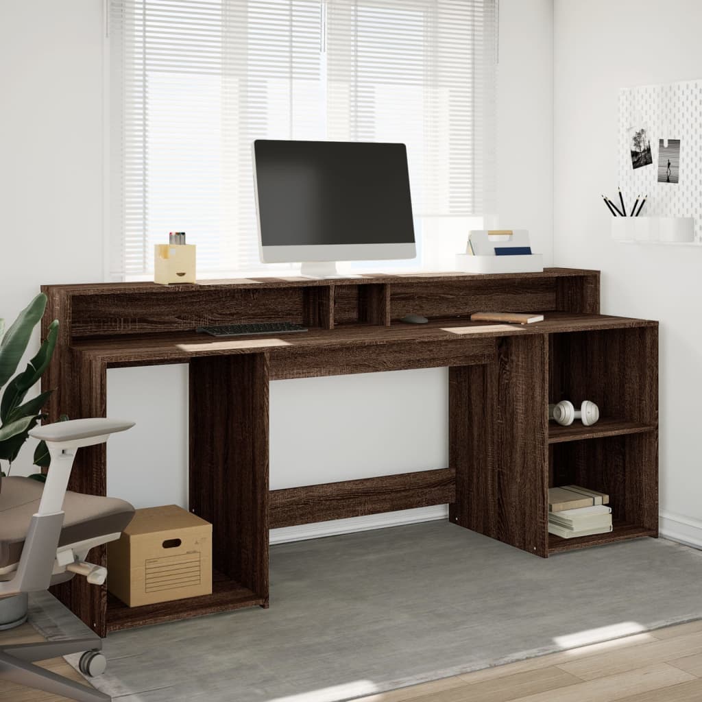 vidaXL Birou cu lumini LED, stejar maro, 200x55x91 cm, lemn prelucrat vidaXL Birou cu lumini LED, stejar maro, 200x55x91 cm, lemn prelucrat