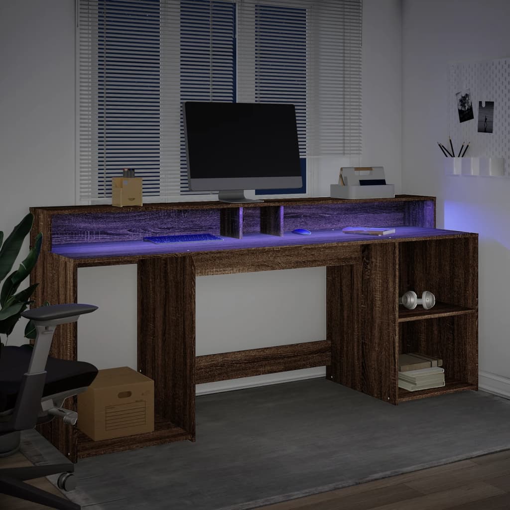 vidaXL Birou cu lumini LED, stejar maro, 200x55x91 cm, lemn prelucrat vidaXL Birou cu lumini LED, stejar maro, 200x55x91 cm, lemn prelucrat