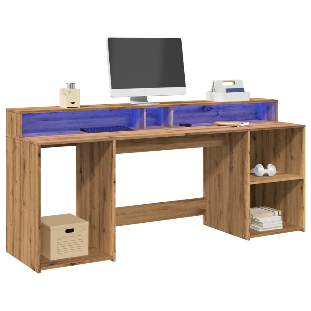 vidaXL Birou cu lumini LED stejar artizanal 200x55x91cm lemn prelucrat vidaXL Birou cu lumini LED stejar artizanal 200x55x91cm lemn prelucrat