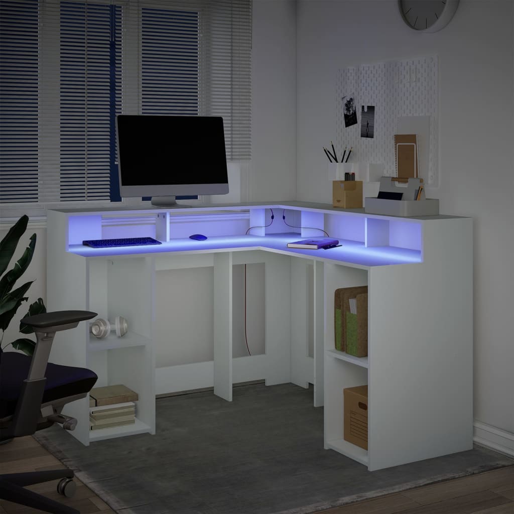 vidaXL Birou cu lumini LED, alb, 130x130x91 cm, lemn prelucrat vidaXL Birou cu lumini LED, alb, 130x130x91 cm, lemn prelucrat