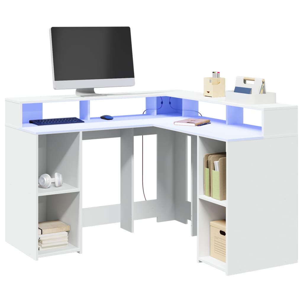 vidaXL Birou cu lumini LED, alb, 130x130x91 cm, lemn prelucrat vidaXL Birou cu lumini LED, alb, 130x130x91 cm, lemn prelucrat
