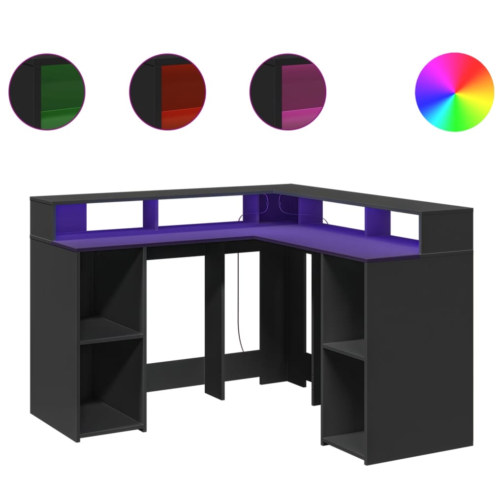 vidaXL Birou cu lumini LED, negru, 130x130x91 cm, lemn prelucrat vidaXL Birou cu lumini LED, negru, 130x130x91 cm, lemn prelucrat