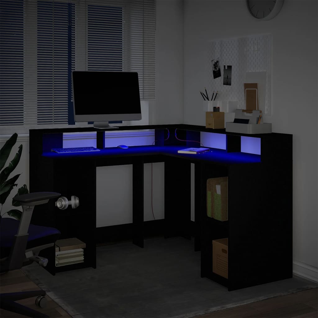 vidaXL Birou cu lumini LED, negru, 130x130x91 cm, lemn prelucrat vidaXL Birou cu lumini LED, negru, 130x130x91 cm, lemn prelucrat