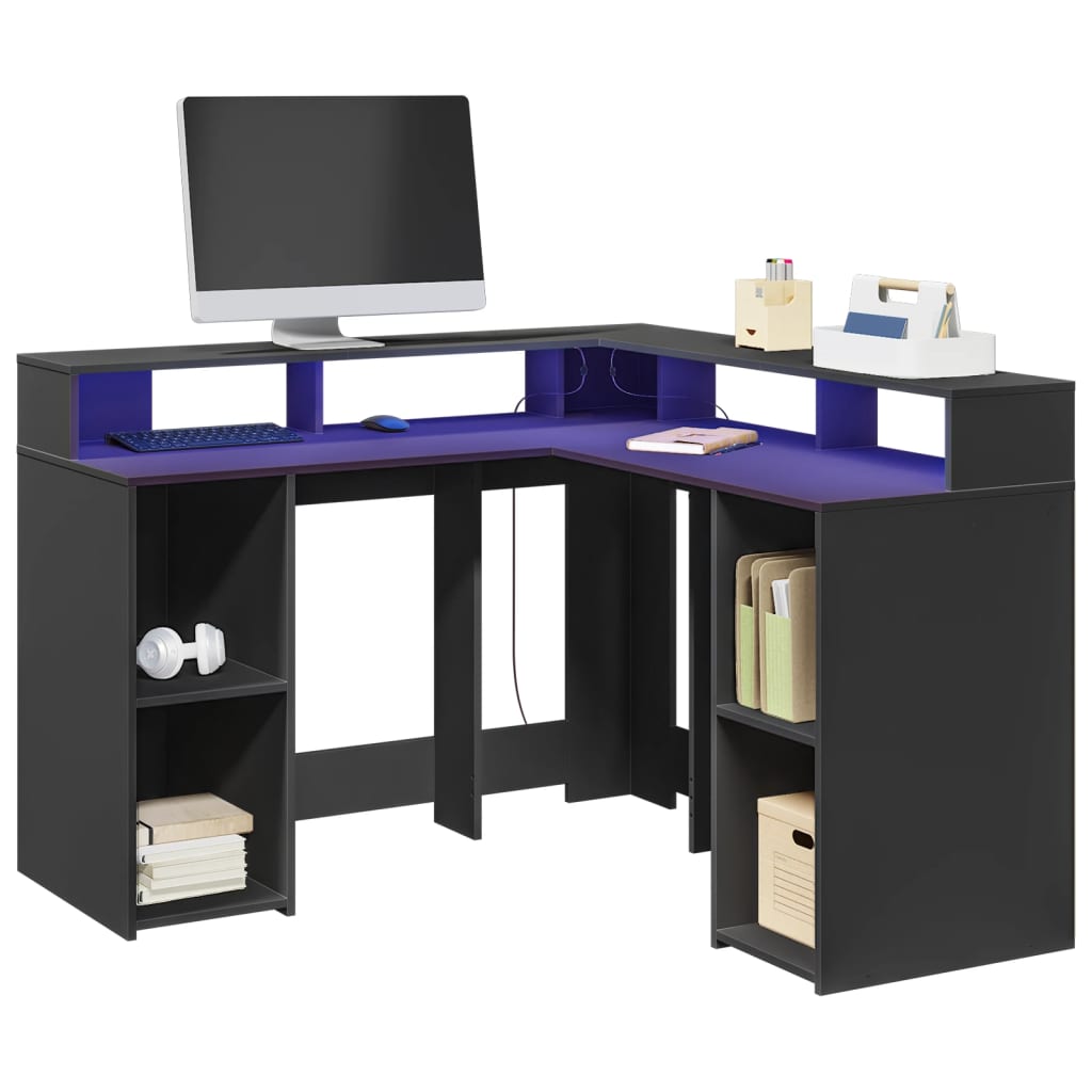 vidaXL Birou cu lumini LED, negru, 130x130x91 cm, lemn prelucrat vidaXL Birou cu lumini LED, negru, 130x130x91 cm, lemn prelucrat