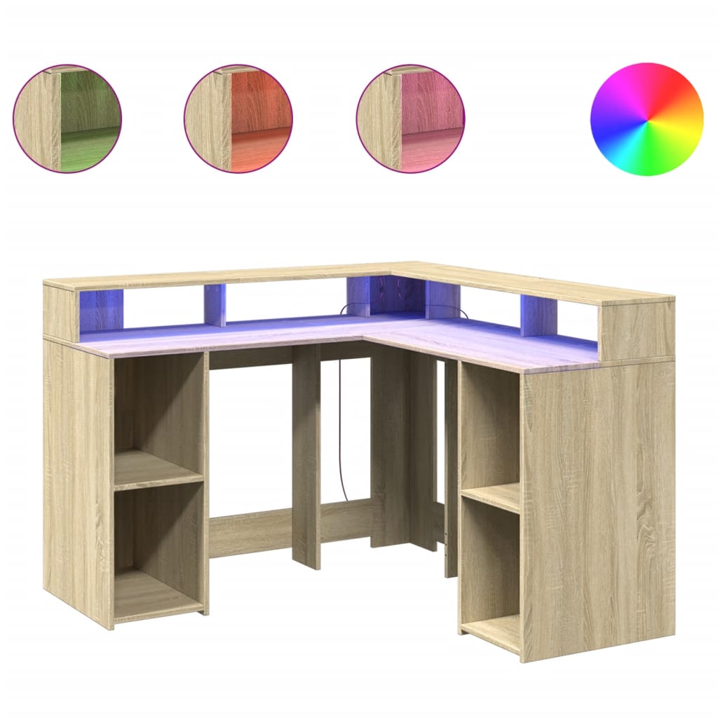 vidaXL Birou cu lumini LED stejar sonoma 130x130x91 cm, lemn prelucrat vidaXL Birou cu lumini LED stejar sonoma 130x130x91 cm, lemn prelucrat