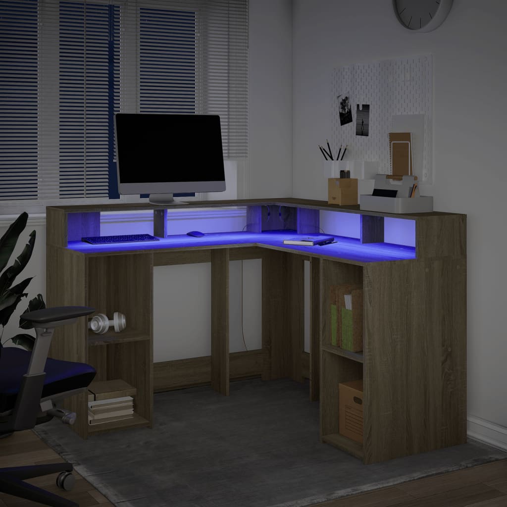 vidaXL Birou cu lumini LED stejar sonoma 130x130x91 cm, lemn prelucrat vidaXL Birou cu lumini LED stejar sonoma 130x130x91 cm, lemn prelucrat