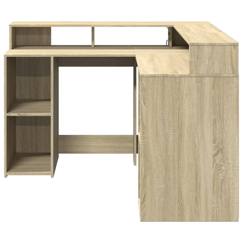vidaXL Birou cu lumini LED stejar sonoma 130x130x91 cm, lemn prelucrat vidaXL Birou cu lumini LED stejar sonoma 130x130x91 cm, lemn prelucrat