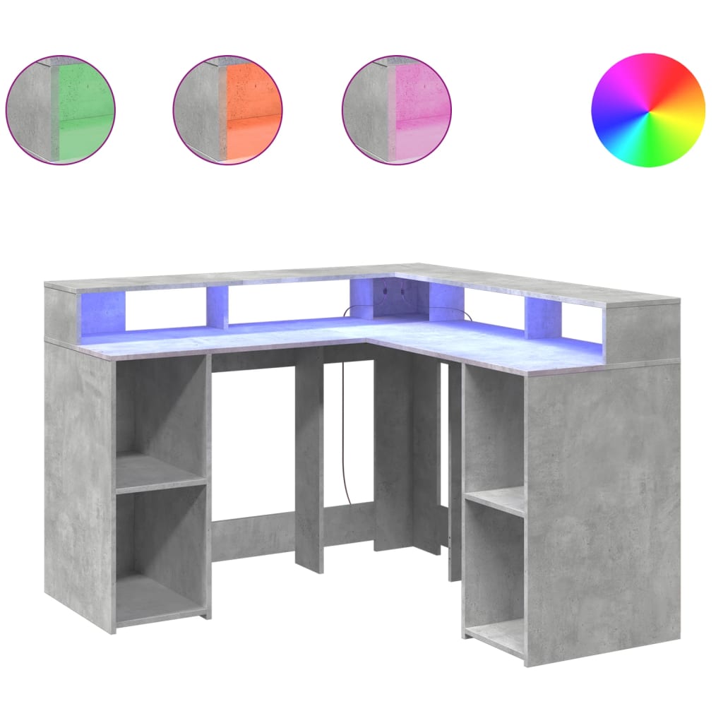 vidaXL Birou cu lumini LED, gri beton, 130x130x91 cm, lemn prelucrat vidaXL Birou cu lumini LED, gri beton, 130x130x91 cm, lemn prelucrat
