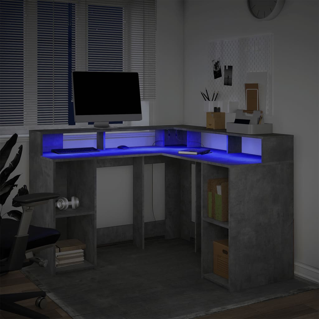 vidaXL Birou cu lumini LED, gri beton, 130x130x91 cm, lemn prelucrat vidaXL Birou cu lumini LED, gri beton, 130x130x91 cm, lemn prelucrat