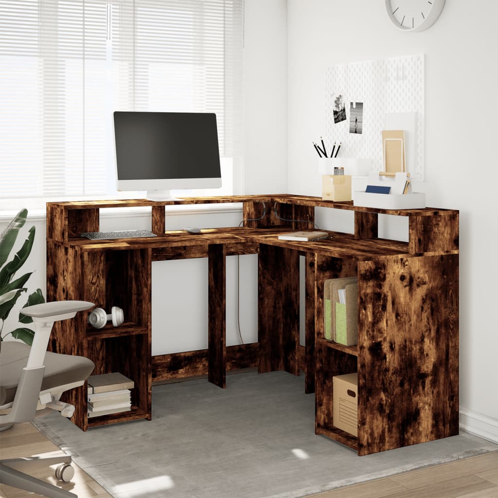vidaXL Birou cu lumini LED stejar fumuriu 130x130x91 cm lemn prelucrat vidaXL Birou cu lumini LED stejar fumuriu 130x130x91 cm lemn prelucrat