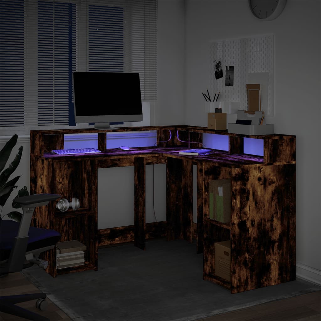 vidaXL Birou cu lumini LED stejar fumuriu 130x130x91 cm lemn prelucrat vidaXL Birou cu lumini LED stejar fumuriu 130x130x91 cm lemn prelucrat