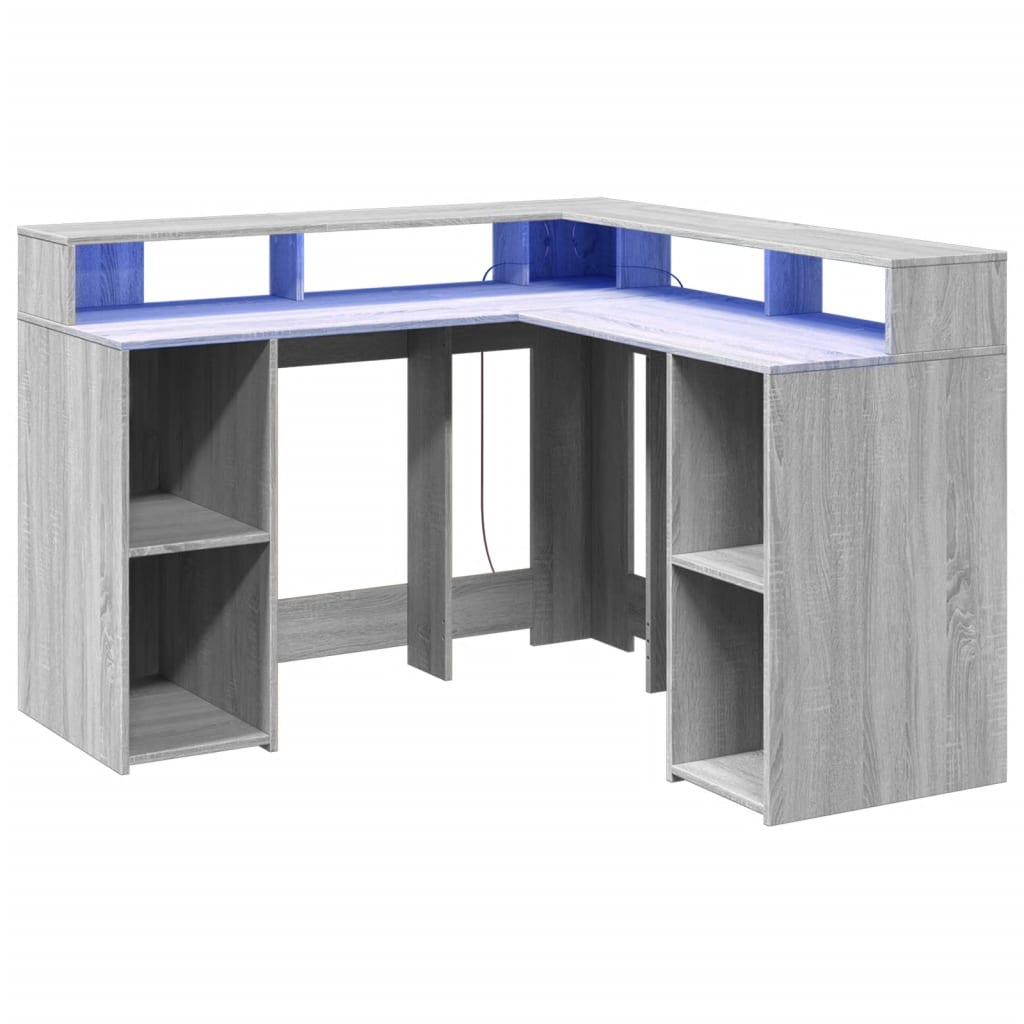 vidaXL Birou cu lumini LED, gri sonoma, 130x130x91 cm, lemn prelucrat vidaXL Birou cu lumini LED, gri sonoma, 130x130x91 cm, lemn prelucrat