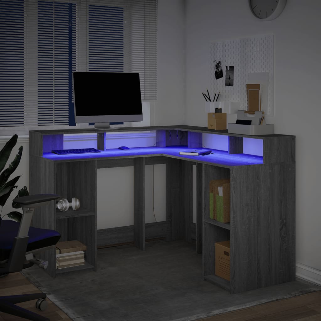 vidaXL Birou cu lumini LED, gri sonoma, 130x130x91 cm, lemn prelucrat vidaXL Birou cu lumini LED, gri sonoma, 130x130x91 cm, lemn prelucrat
