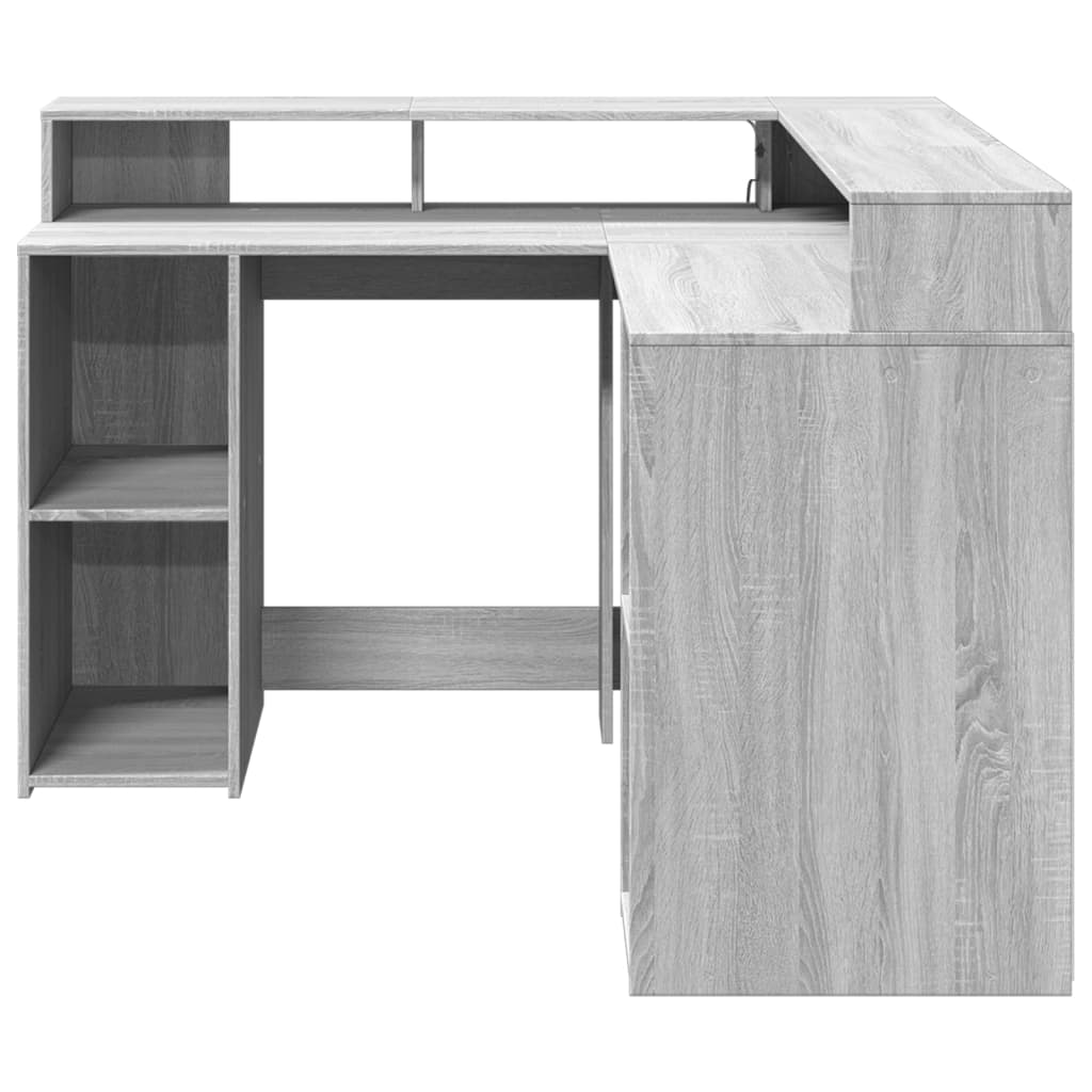 vidaXL Birou cu lumini LED, gri sonoma, 130x130x91 cm, lemn prelucrat vidaXL Birou cu lumini LED, gri sonoma, 130x130x91 cm, lemn prelucrat