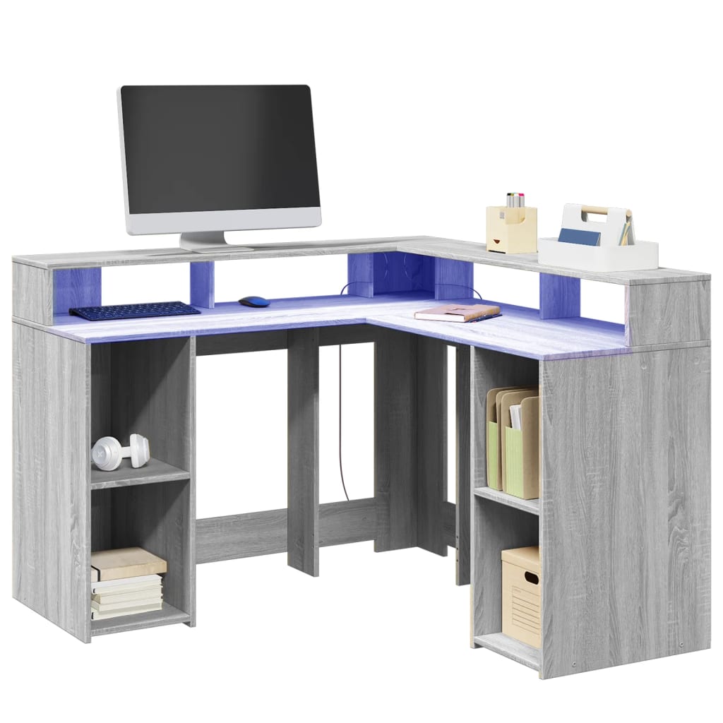 vidaXL Birou cu lumini LED, gri sonoma, 130x130x91 cm, lemn prelucrat vidaXL Birou cu lumini LED, gri sonoma, 130x130x91 cm, lemn prelucrat