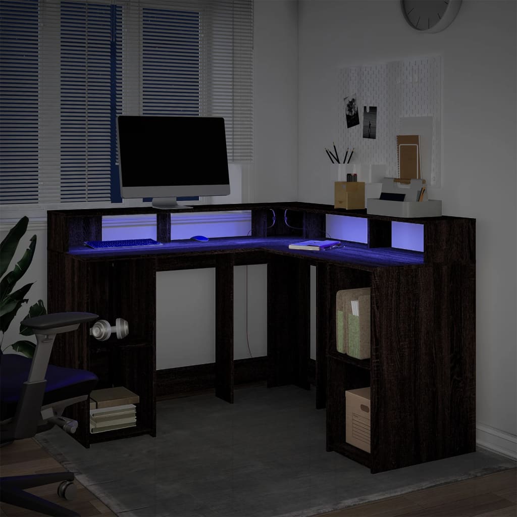 vidaXL Birou cu lumini LED, stejar maro, 130x130x91 cm, lemn prelucrat vidaXL Birou cu lumini LED, stejar maro, 130x130x91 cm, lemn prelucrat