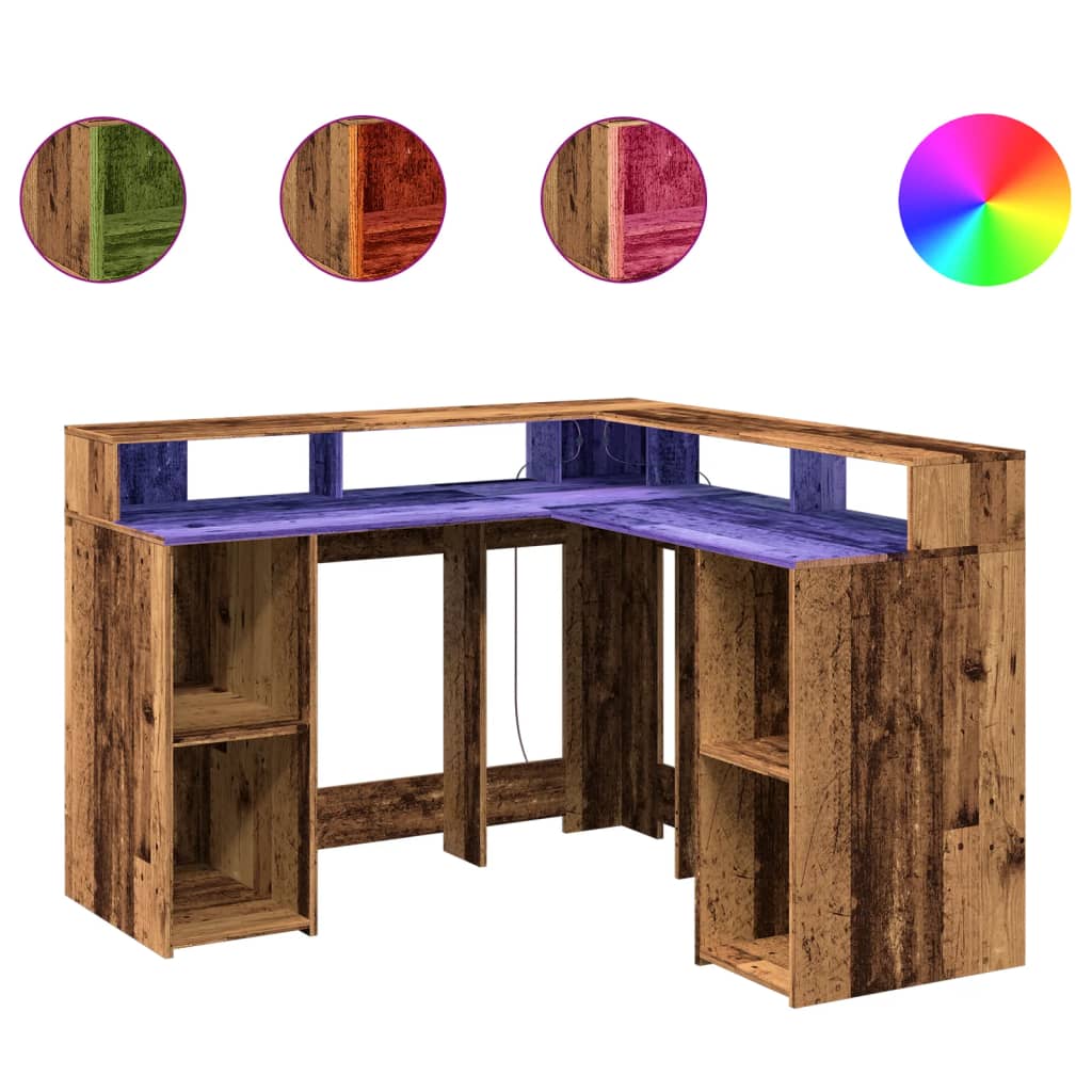 vidaXL Birou cu lumini LED, lemn vechi, 130x130x91 cm, lemn prelucrat vidaXL Birou cu lumini LED, lemn vechi, 130x130x91 cm, lemn prelucrat