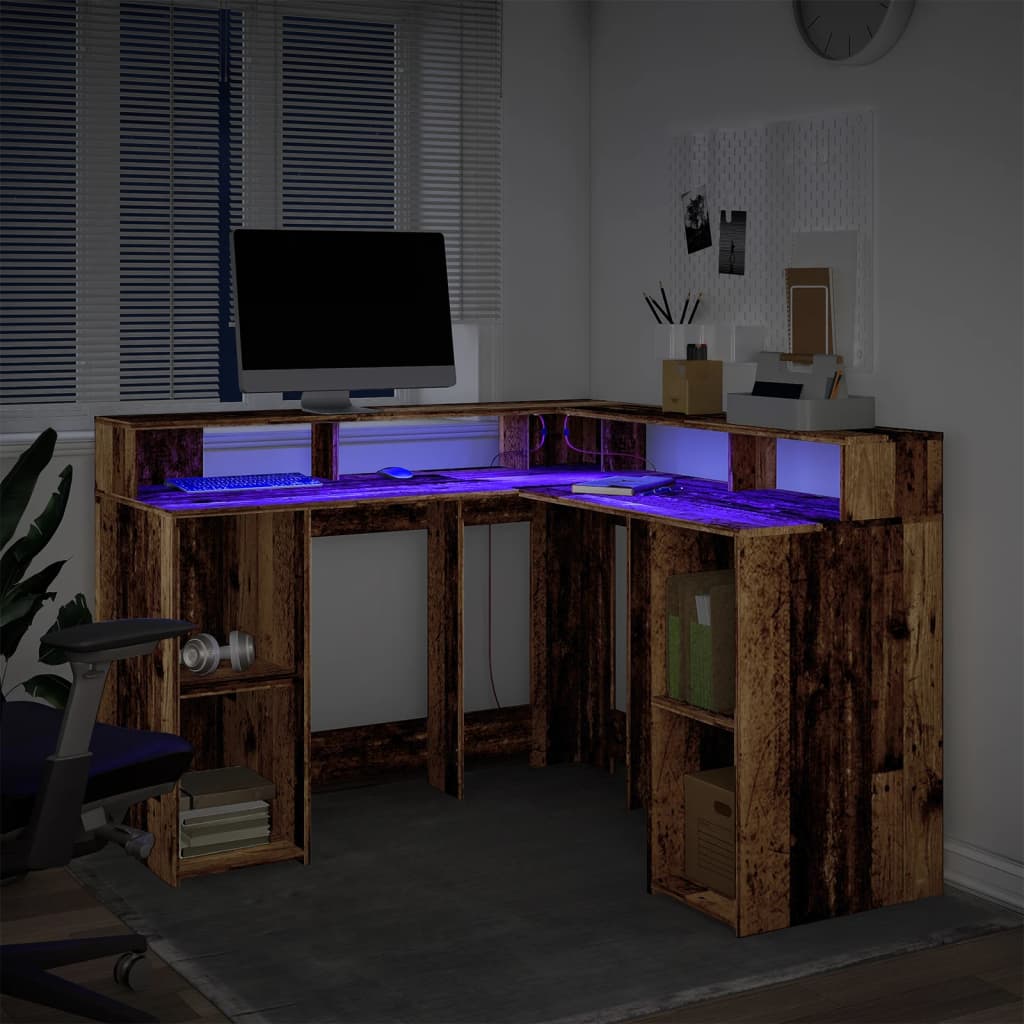 vidaXL Birou cu lumini LED, lemn vechi, 130x130x91 cm, lemn prelucrat vidaXL Birou cu lumini LED, lemn vechi, 130x130x91 cm, lemn prelucrat