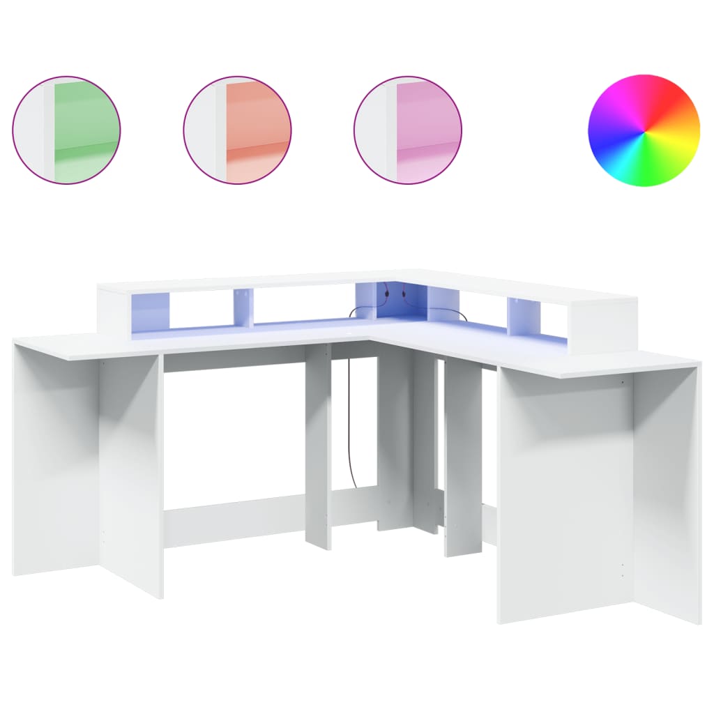vidaXL Birou cu lumini LED, alb, 152x152x91 cm, lemn prelucrat