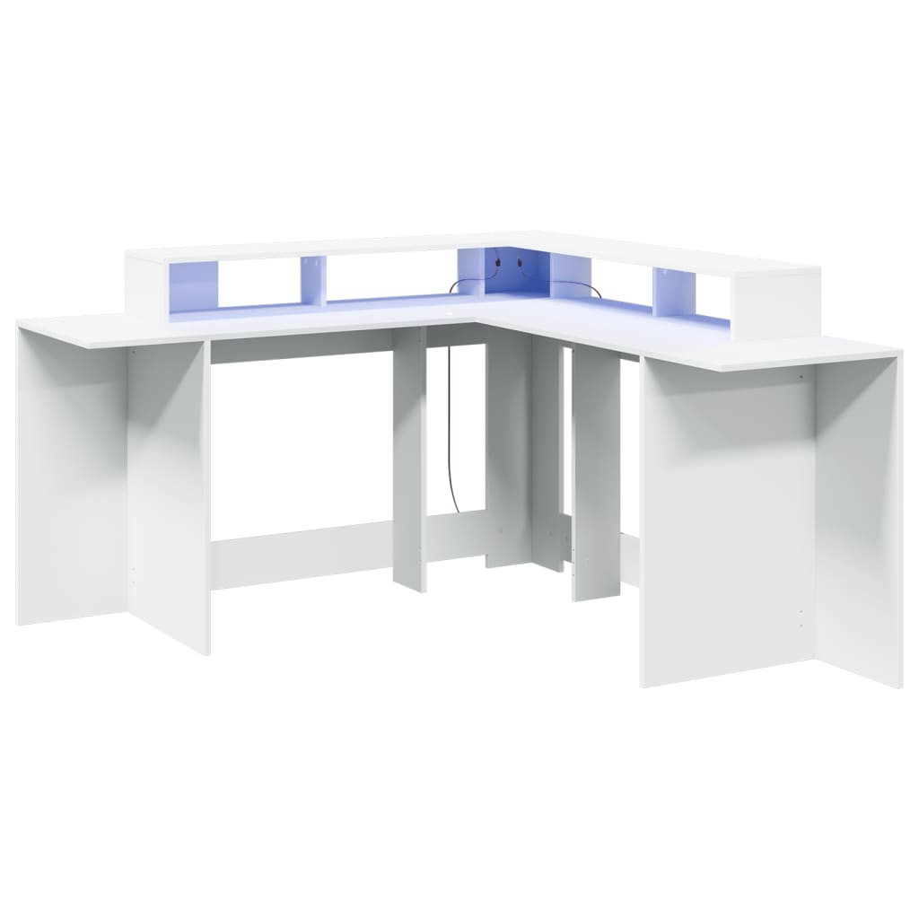 vidaXL Birou cu lumini LED, alb, 152x152x91 cm, lemn prelucrat