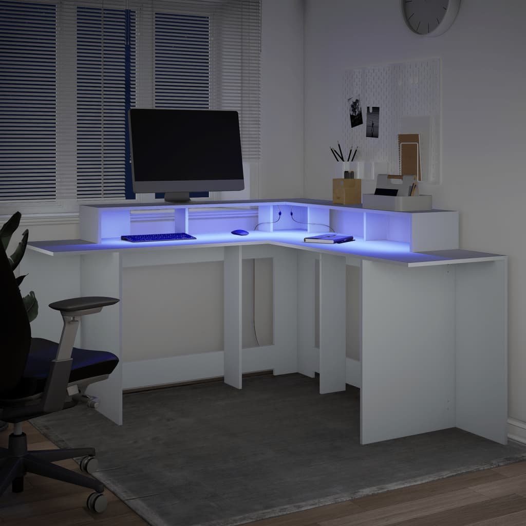 vidaXL Birou cu lumini LED, alb, 152x152x91 cm, lemn prelucrat