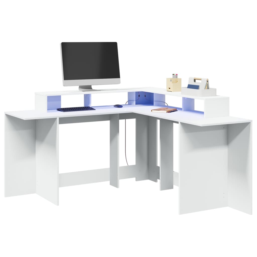 vidaXL Birou cu lumini LED, alb, 152x152x91 cm, lemn prelucrat