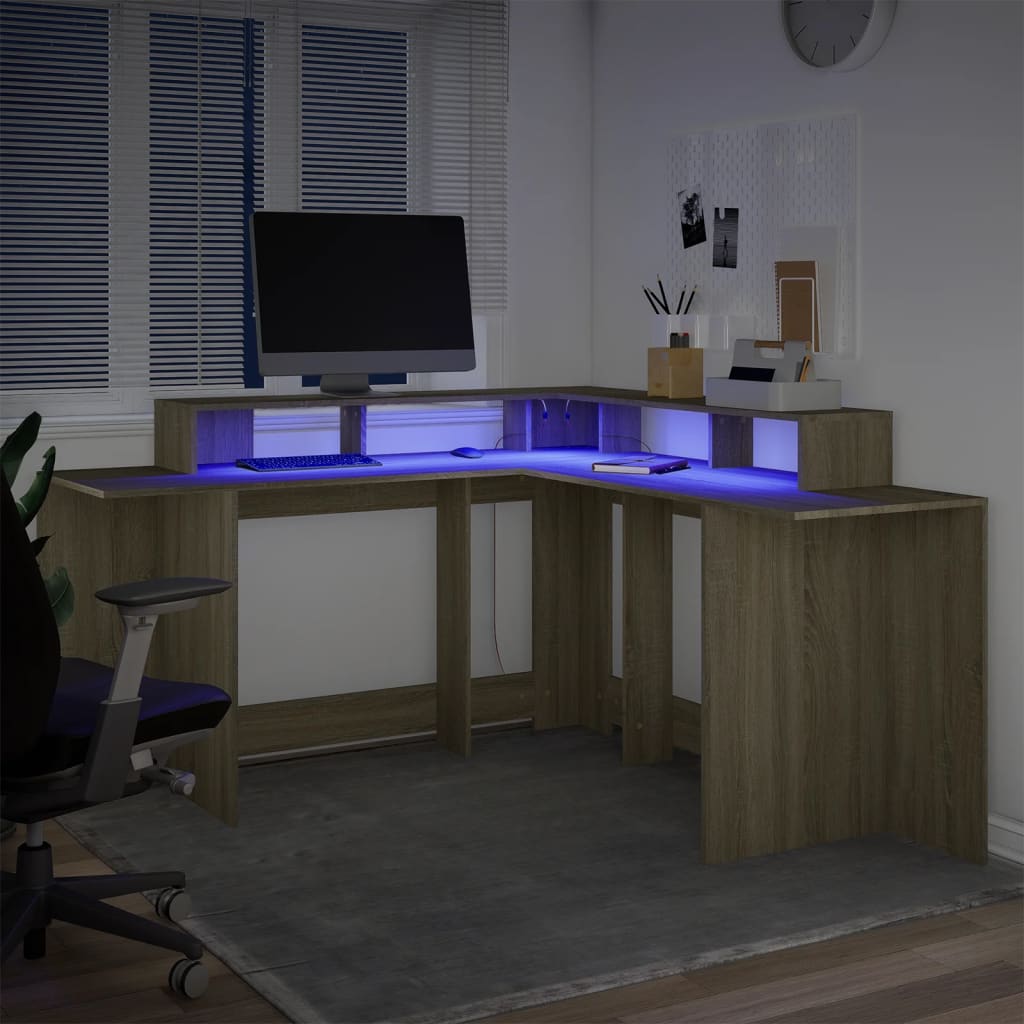 vidaXL Birou cu lumini LED stejar sonoma 152x152x91 cm, lemn prelucrat vidaXL Birou cu lumini LED stejar sonoma 152x152x91 cm, lemn prelucrat