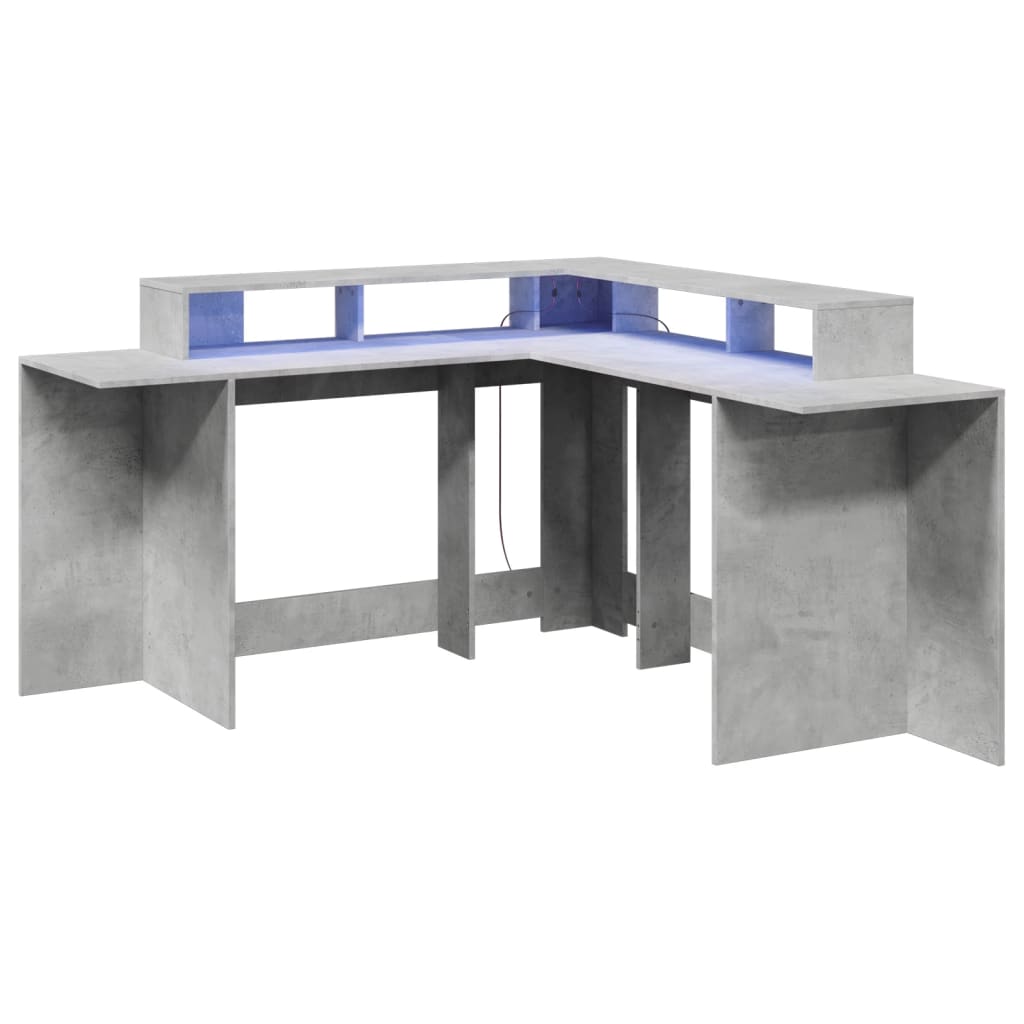 vidaXL Birou cu lumini LED, gri beton, 152x152x91 cm, lemn prelucrat