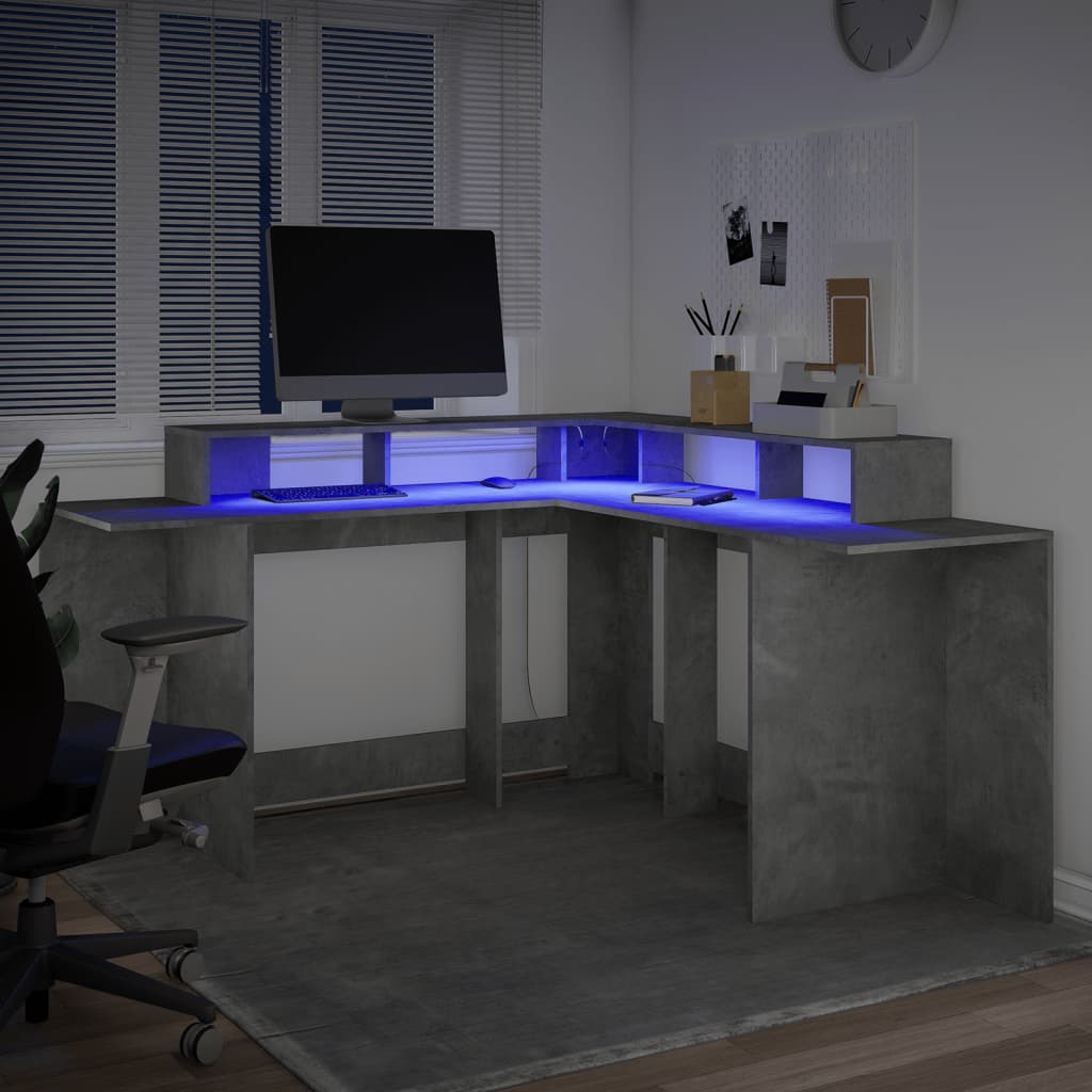 vidaXL Birou cu lumini LED, gri beton, 152x152x91 cm, lemn prelucrat