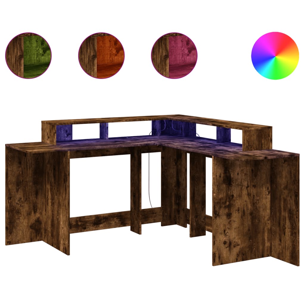 vidaXL Birou cu lumini LED stejar fumuriu 152x152x91 cm lemn prelucrat vidaXL Birou cu lumini LED stejar fumuriu 152x152x91 cm lemn prelucrat