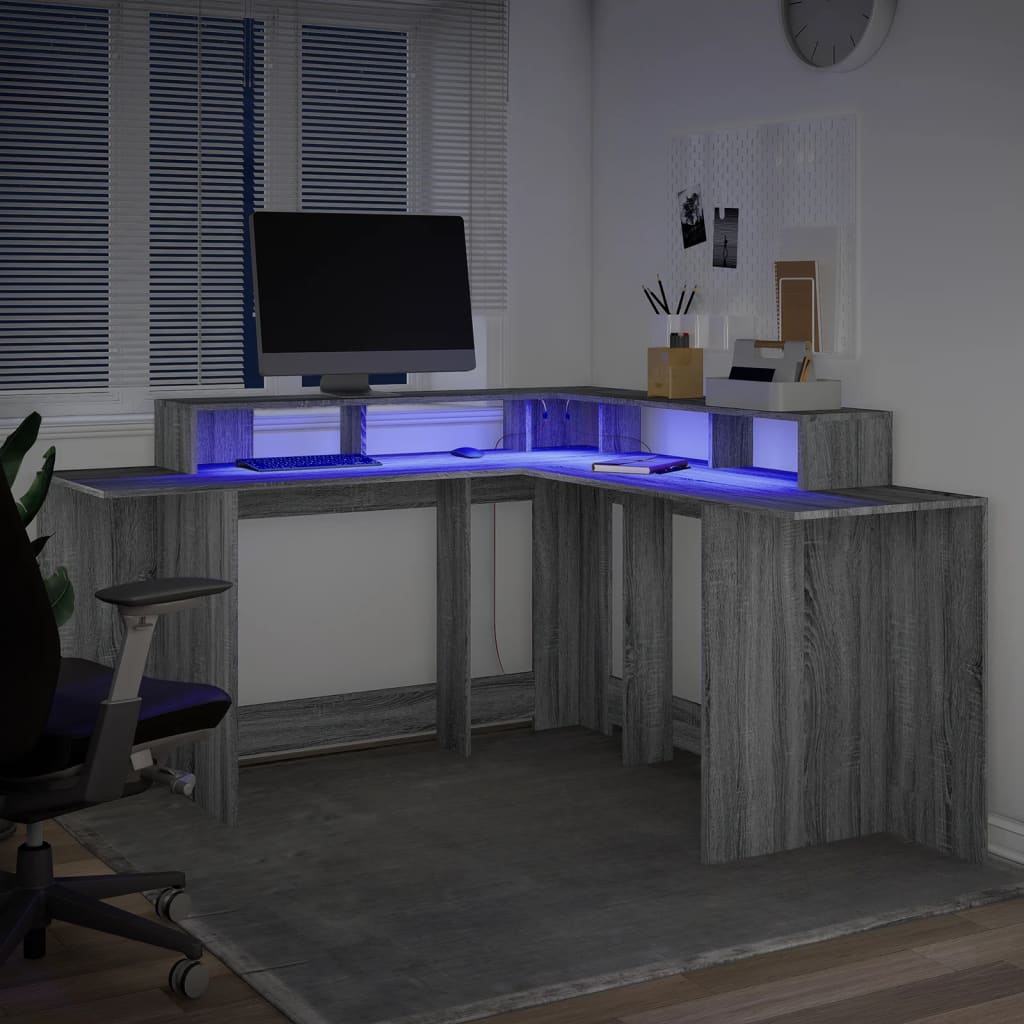 vidaXL Birou cu lumini LED, gri sonoma, 152x152x91 cm, lemn prelucrat vidaXL Birou cu lumini LED, gri sonoma, 152x152x91 cm, lemn prelucrat