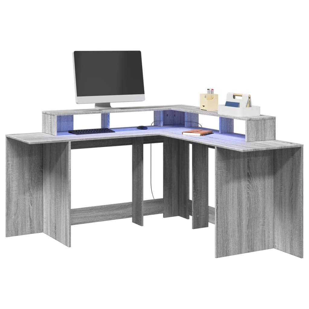 vidaXL Birou cu lumini LED, gri sonoma, 152x152x91 cm, lemn prelucrat vidaXL Birou cu lumini LED, gri sonoma, 152x152x91 cm, lemn prelucrat
