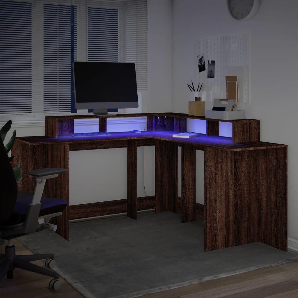 vidaXL Birou cu lumini LED, stejar maro, 152x152x91 cm, lemn prelucrat vidaXL Birou cu lumini LED, stejar maro, 152x152x91 cm, lemn prelucrat