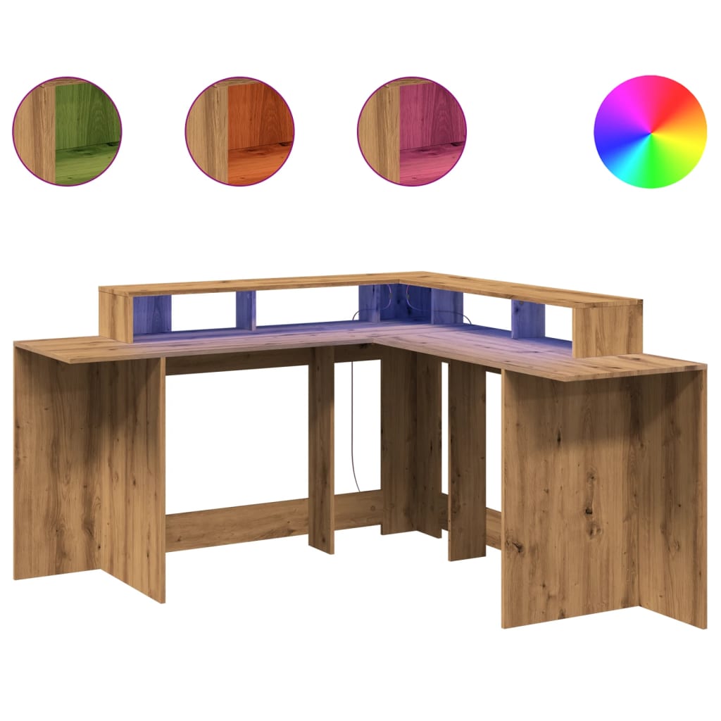 vidaXL Birou lumini LED stejar artizanal 152x152x91 cm lemn prelucrat