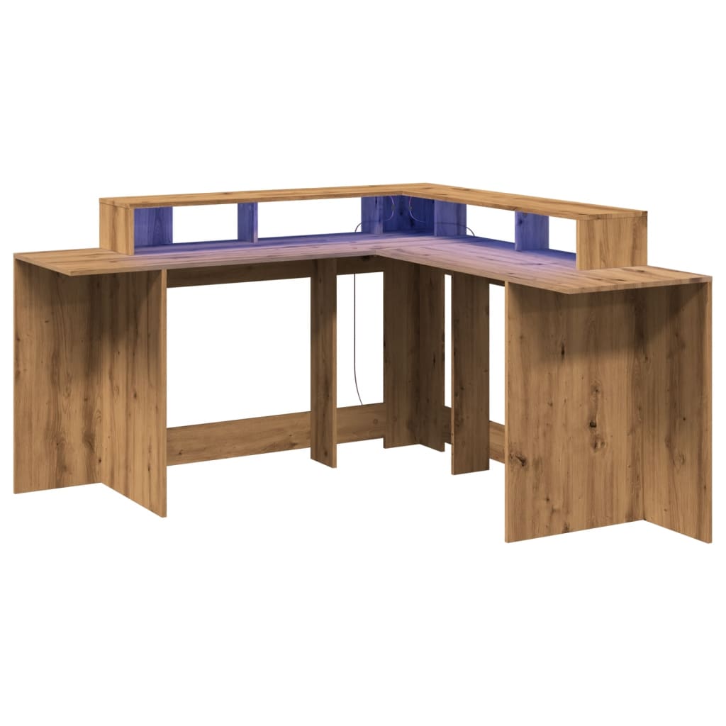 vidaXL Birou lumini LED stejar artizanal 152x152x91 cm lemn prelucrat