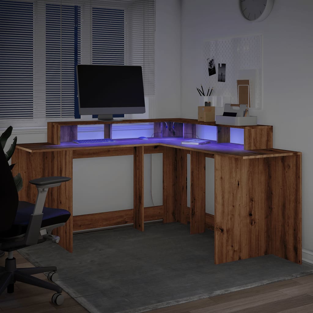 vidaXL Birou lumini LED stejar artizanal 152x152x91 cm lemn prelucrat