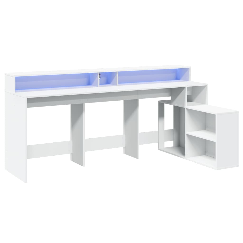 vidaXL Birou cu lumini LED, alb, 200x104x91 cm, lemn prelucrat