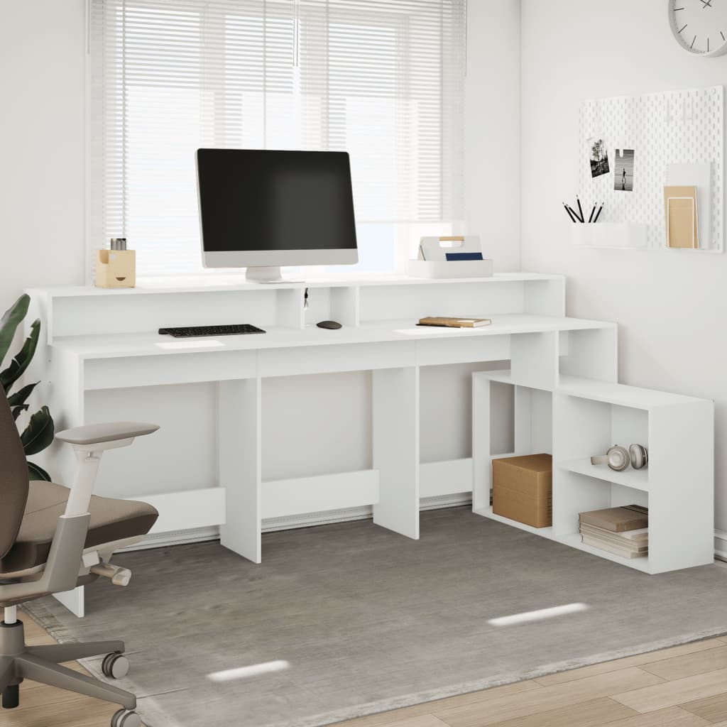 vidaXL Birou cu lumini LED, alb, 200x104x91 cm, lemn prelucrat