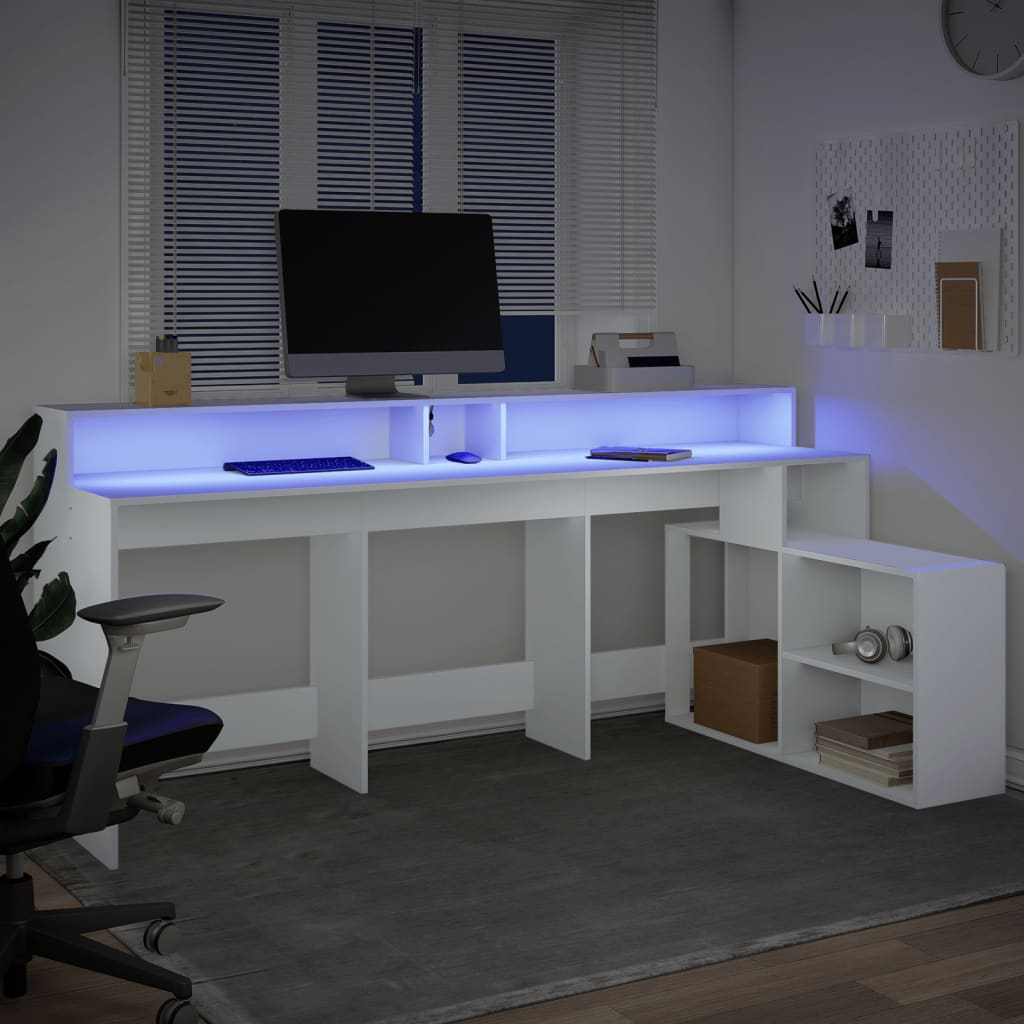 vidaXL Birou cu lumini LED, alb, 200x104x91 cm, lemn prelucrat