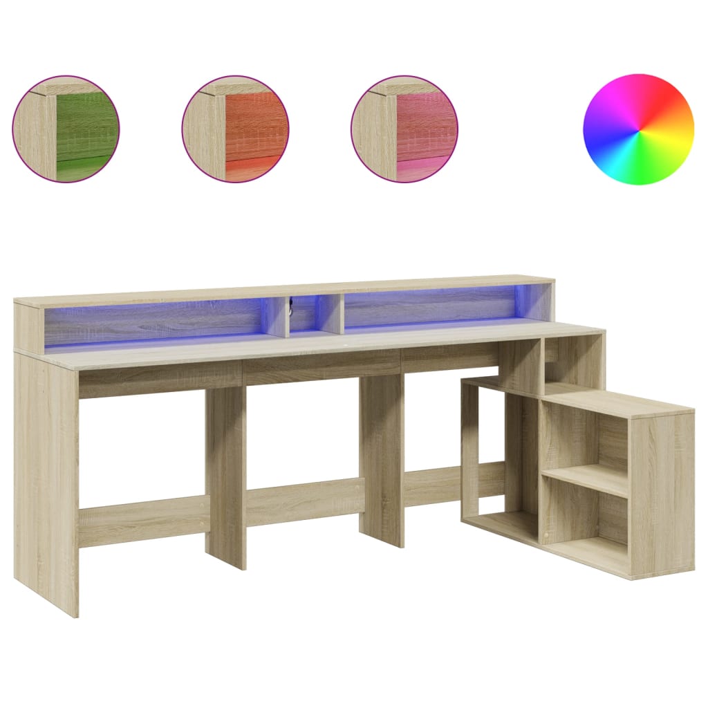 vidaXL Birou cu lumini LED stejar sonoma, 200x104x91cm, lemn prelucrat