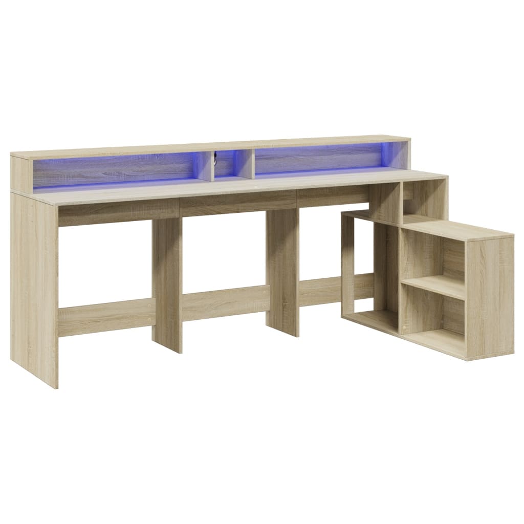 vidaXL Birou cu lumini LED stejar sonoma, 200x104x91cm, lemn prelucrat