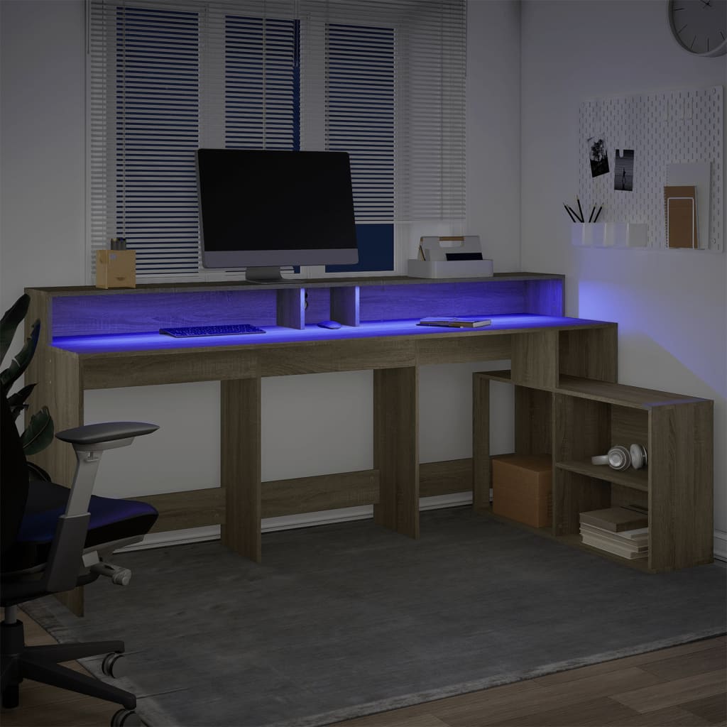 vidaXL Birou cu lumini LED stejar sonoma, 200x104x91cm, lemn prelucrat