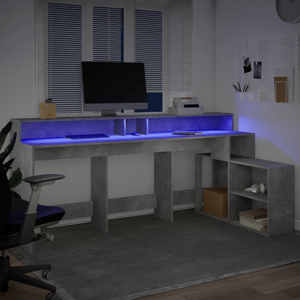 vidaXL Birou cu lumini LED, gri beton, 200x104x91 cm, lemn prelucrat vidaXL Birou cu lumini LED, gri beton, 200x104x91 cm, lemn prelucrat