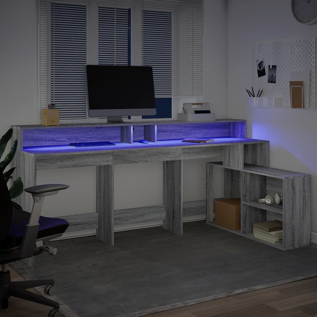 vidaXL Birou cu lumini LED, gri sonoma, 200x104x91 cm, lemn prelucrat vidaXL Birou cu lumini LED, gri sonoma, 200x104x91 cm, lemn prelucrat