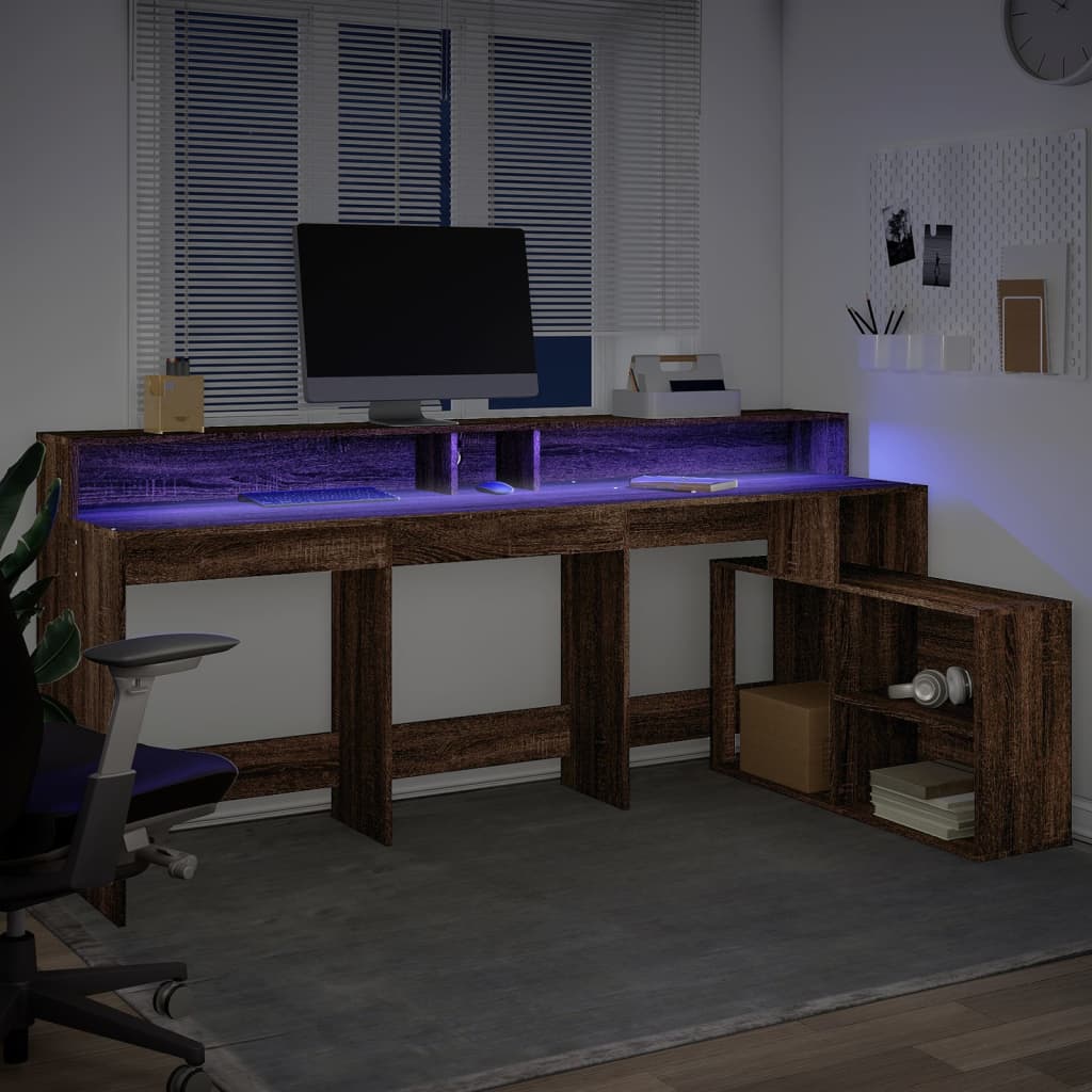 vidaXL Birou cu lumini LED, stejar maro, 200x104x91 cm, lemn prelucrat vidaXL Birou cu lumini LED, stejar maro, 200x104x91 cm, lemn prelucrat