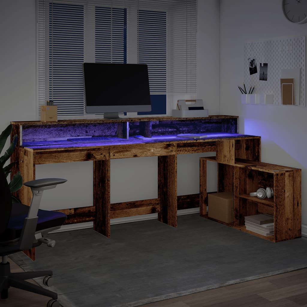 vidaXL Birou cu lumini LED, lemn vechi, 200x104x91 cm, lemn prelucrat vidaXL Birou cu lumini LED, lemn vechi, 200x104x91 cm, lemn prelucrat
