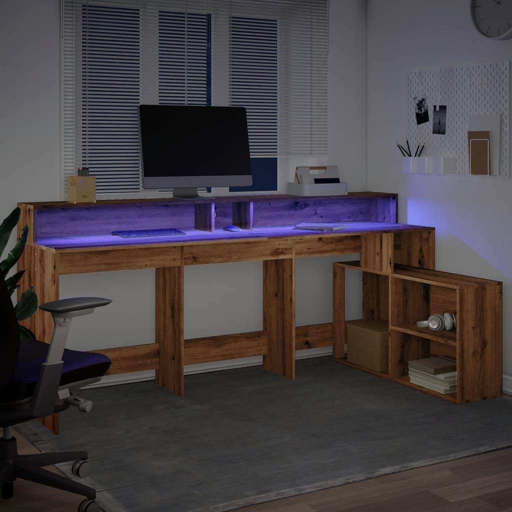 vidaXL Birou lumini LED stejar artizanal 200x104x91 cm lemn prelucrat