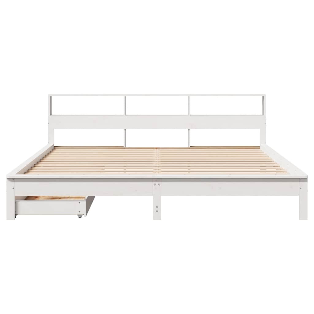 vidaXL Pat cu bibliotecă fără saltea, alb, 200x200 cm, lemn masiv pin
