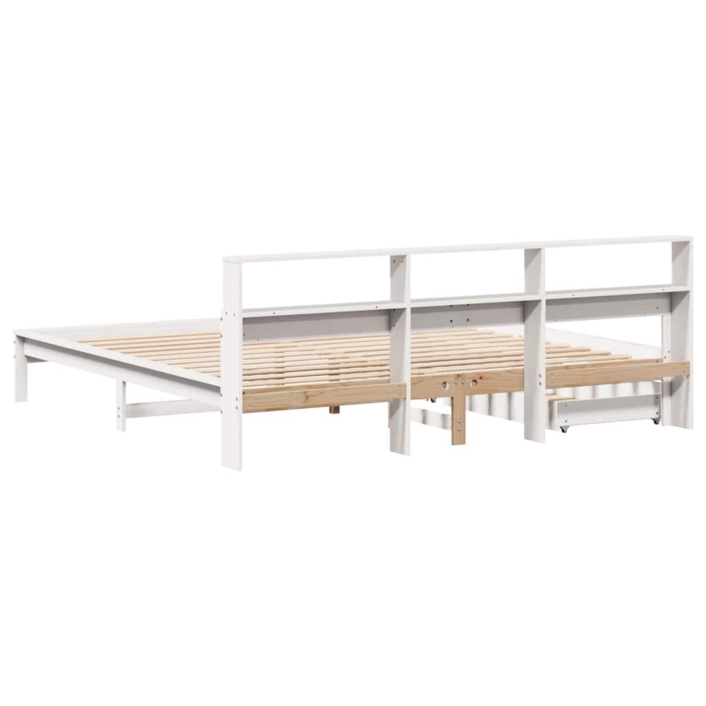 vidaXL Pat cu bibliotecă fără saltea, alb, 200x200 cm, lemn masiv pin